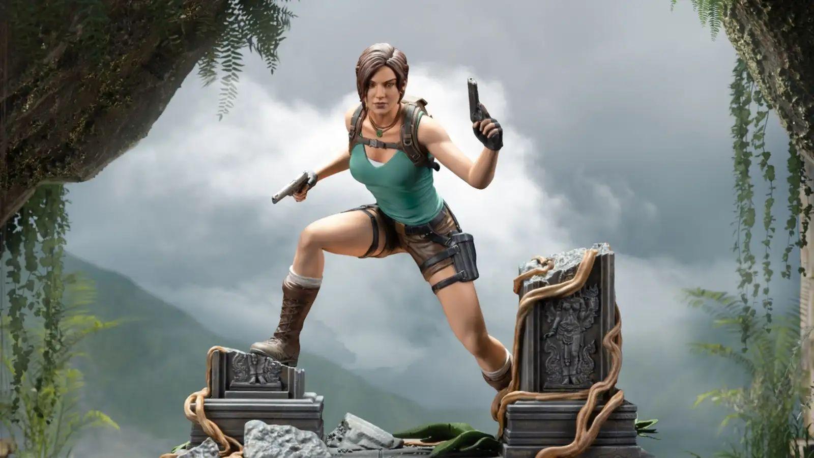 The Lara Croft Tomb Raider statue scaling a broken ruin